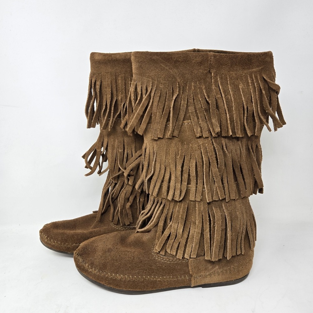 MINNETONKA Women's Size 8M Shoes Brown Suede 3 Layer Fringe Moccasin Boots Boho - Picture 3 of 7